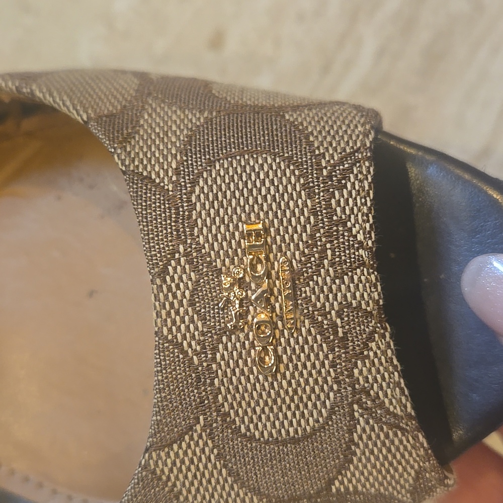 Coach Ferry Cork Wedge Jacquard Mongram Peeptoe Khaki/Chesnut Espadrilles - Picture 2 of 14